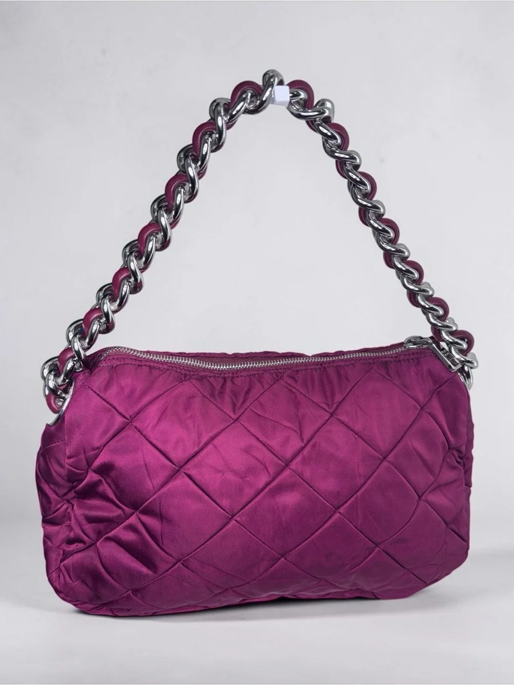 Prada Quilted Nylon Chain Shoulder Bag Burgundy Fuchsia Silver Hardware